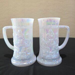 Fenton Federal Opalescent Carnival White Beer Stein Tavern Scene Mugs x 2